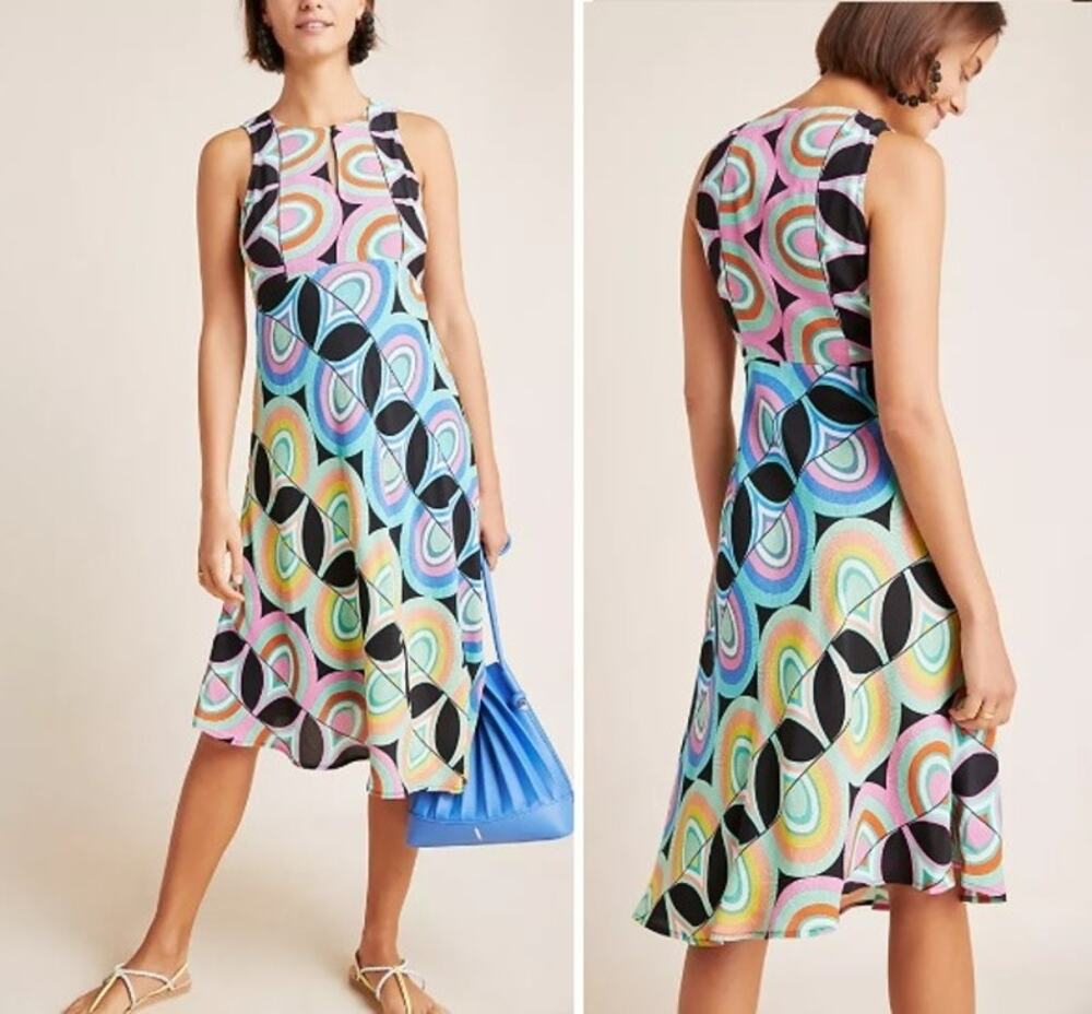 Anthropologie US 4 Kenzie Asymmetrical Dress Retro Multi Colored Sleeveless